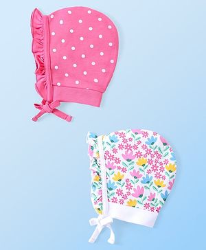 Babyhug 100% Cotton Interlock Knit Bonnet Cap With Polka Dots & Floral Print Pack of 2 - Pink & White