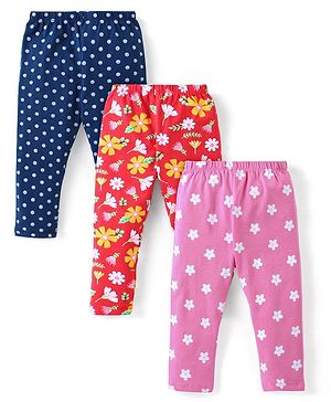 Babyhug Cotton Lycra Knit Full Length Leggings With Floral & Polka Dots Print Pack Of 3 - Navy Red & Pink