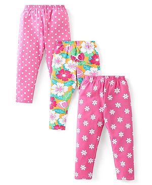 Babyhug Cotton Lycra Knit Full Length Leggings With Floral & Polka Dots Print Pack Of 3 - Pink Green & Dark Pink