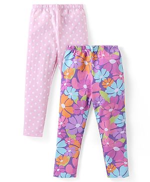 Babyhug Cotton Lycra Knit Full Length Stretchable Leggings  with Floral & Polka Dots Print Pack of 2 - Multicolour