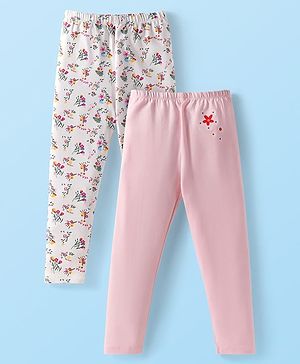 Babyhug Cotton Lycra Knit Full Length Leggings With Floral Print Pack of 2 - White & Light Pink