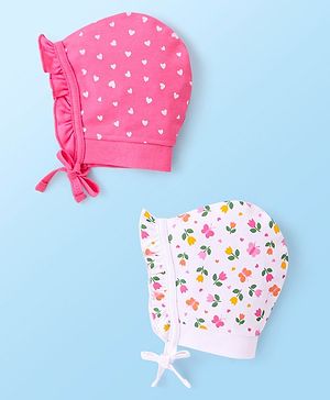 Babyhug 100% Cotton Interlock Knit Caps With Hearts & Floral Print Pack of 2 - Pink & White