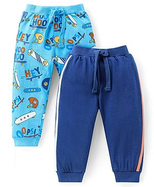 Babyhug Cotton Knit Full Length Lounge Pants With Tape Detail & Skateboarding Print Pack Of 2 - Light Blue & Navy Blue