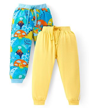 Babyhug Cotton Knit Full Length Lounge Pants With Dino Print Pack Of 2 - Yellow & Light Blue