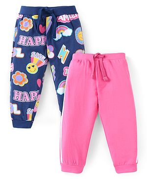 Babyhug Cotton Knit Full Length Lounge Pants With Tape Detail & Text Print Pack Of 2 - Pink & Navy Blue