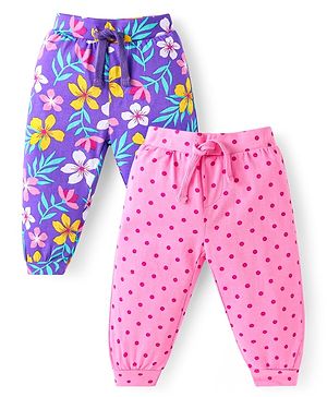 Babyhug Cotton Knit Full Length Lounge Pants With Floral Print Pack of 2 - Purple & Pink