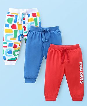 Babyhug Cotton Knit Full Length Lounge Pants With Text Print Pack Of 3 - White Blue & Red