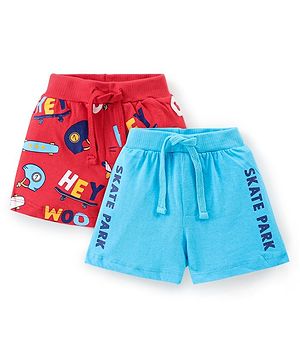 Babyhug Cotton Knit Shorts With Text Print Pack of 2 - Blue & Red