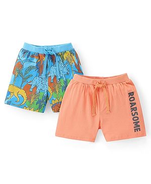 Babyhug Cotton Knit Shorts with Animal Print Pack of 2 - Blue & Peach
