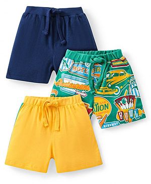 Babyhug Cotton Knit Shorts  with Car & Text Print Pack of 3 - Blue Green & Yellow