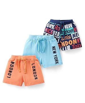 Babyhug Cotton Shorts with Draw Cord Cities Print Pack of 3 - Orange Light Blue & Navy