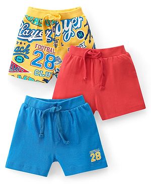 Babyhug Cotton Knit Shorts With Varsity Print Pack Of 3 - Red Blue & Yellow