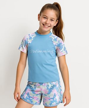 Pine Active Half Sleeves Two Piece Swimsuit with Abstract Print -  Blue