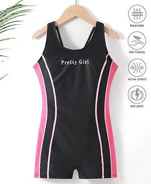 Pine Active Sleeveless Legged Swimsuit Text Print - Black