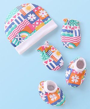 Babyhug 100% Cotton Cap Mittens & Booties Floral Printed - Multicolor