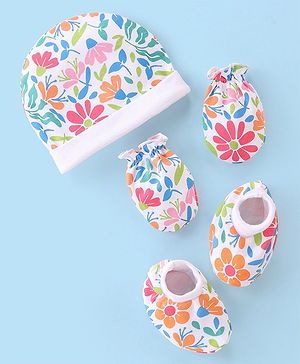 Babyhug 100% Cotton Cap Mittens & Booties Floral Printed - Multicolor