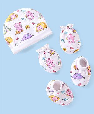 Babyhug 100% Cotton Cap Mittens & Booties with Beach Theme -Multicolour