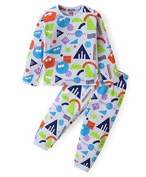 Babyhug Cotton Knit Full Sleeves Night Suit With Geometrical Print - Blue & White