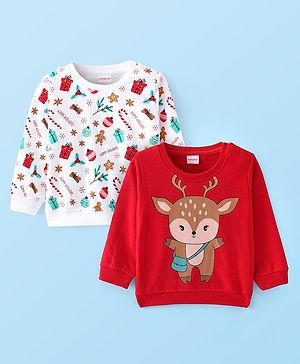 Babyhug Cotton Knit Full Sleeves Sweatshirts With Christmas Theme Pack of 2 - White & Red