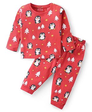 Babyhug Cotton Knit Full Sleeves Night Suit With Penguin Print - Red