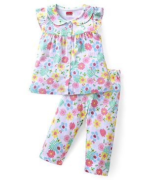Babyhug Frill Sleeves Peter Pan Collar Front Open Night Suit with Floral Print - White