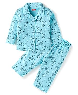 Babyhug Cotton Knit Full Sleeves Front Open Night Suit With Moo Print - Blue