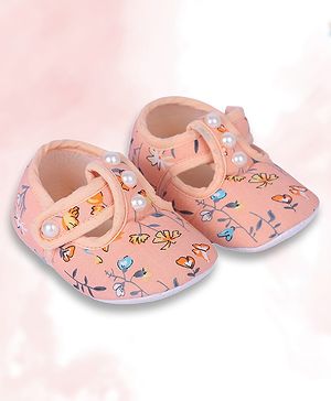 Coco Candy Floral & Pearl Applique Detailed Velcro Closure Booties - Peach