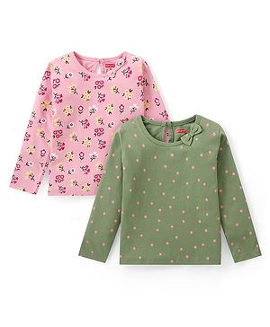 Babyhug 100% Cotton Knit Full Sleeves T-Shirt with Floral & Polka Dot Print with Bow Pack of 2- Green & Pink