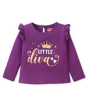 Babyhug Cotton Knit Full Sleeves Top With Text Graphics & Frill Detailing -Purple