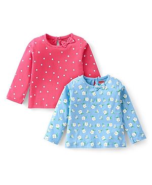 Babyhug Cotton Knit Full Sleeves T-Shirt With Floral Print & Bow Applique Pack of 2 - Pink & Blue