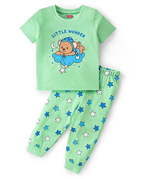 Babyhug Single Jersey Half Sleeves Night Suit with Bear & Star Print - Green