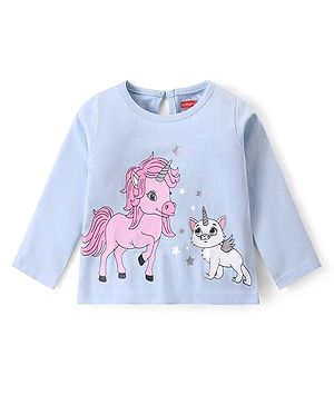Babyhug Cotton Knit Full Sleeves T- Shirt With Unicorn Print - Blue