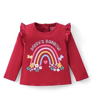Babyhug 100% Cotton Knit Full Sleeves Top with Rainbow Graphics & Frill Detailing- Maroon