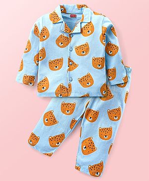 Babyhug Cotton  Knit Full Sleeves Front Open Night Suit with Tiger Print- Blue