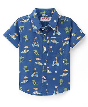 Babyhug Cotton Woven Half Sleeves Regular Collar Shirt Animal Print- Blue