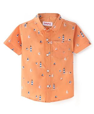 Babyhug Cotton Woven Half Sleeves Lighthouse Printed Shirt - Orange