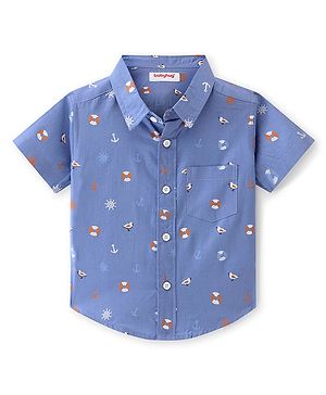 Babyhug Cotton Woven Half Sleeves Regular Collar Shirt with Beach Theme Print - Blue