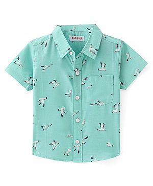 Babyhug Cotton Woven Half Sleeves Bird Printed Shirt - Green