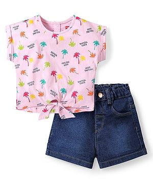 Babyhug Single Jersey Cotton Knit Half Sleeves Tropical Printed Top & Denim Shorts Set - Pink & Blue