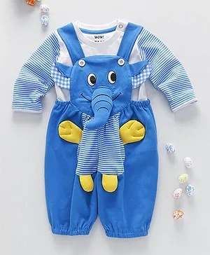 Wow Clothes Elephant Applique Dungaree With T-Shirt - Blue