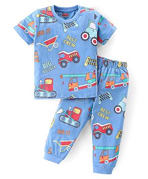 Babyhug Cotton Knit Half Sleeves Night Suit with Construction Vehicles Print - Blue