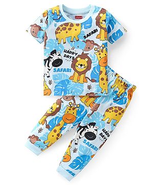 Babyhug Cotton Knit Half Sleeves Night Suit With Jungle Safari Theme Print - Blue