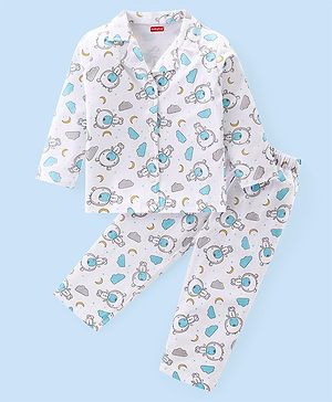 Babyhug Cotton Knit Full Sleeves Front Open Night Suit With Teddy Print - White