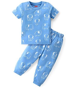 Babyhug Cotton Knit Half Sleeves Night Suit With Elephant Print - Blue