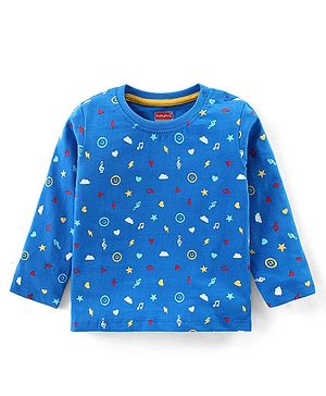 Babyhug Cotton Knit  Full Sleeves T-Shirt with Heart & Star Print - Blue
