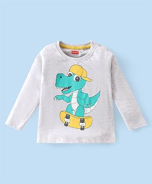 Babyhug Cotton Knit Full Sleeves T-Shirt with Dino Print - White Melange