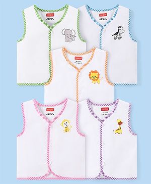 Babyhug 100% Cotton Cambric Sleeveless  Front Open Jhablas with Animal Print Pack of 5 - White