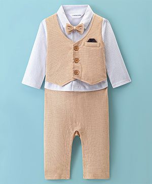 Mark & Mia Full Sleeves Full Length Party Romper with Bow Solid Colour - Beige