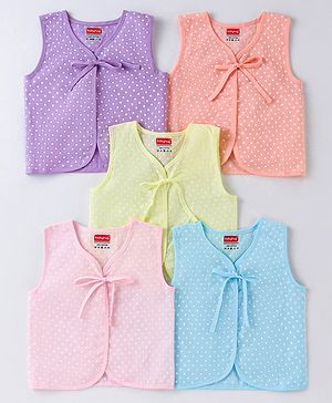 Babyhug 100% Cotton Woven Sleeveless Front Tie Knot Jhablas With Polka Dot Print Pack of 5 - Multicolour