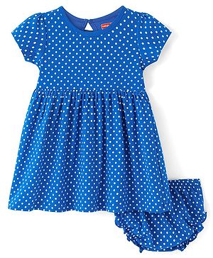 Babyhug Single Jersey Knit Half Sleeves Polka Dots Printed Frock with Bloomer - Blue